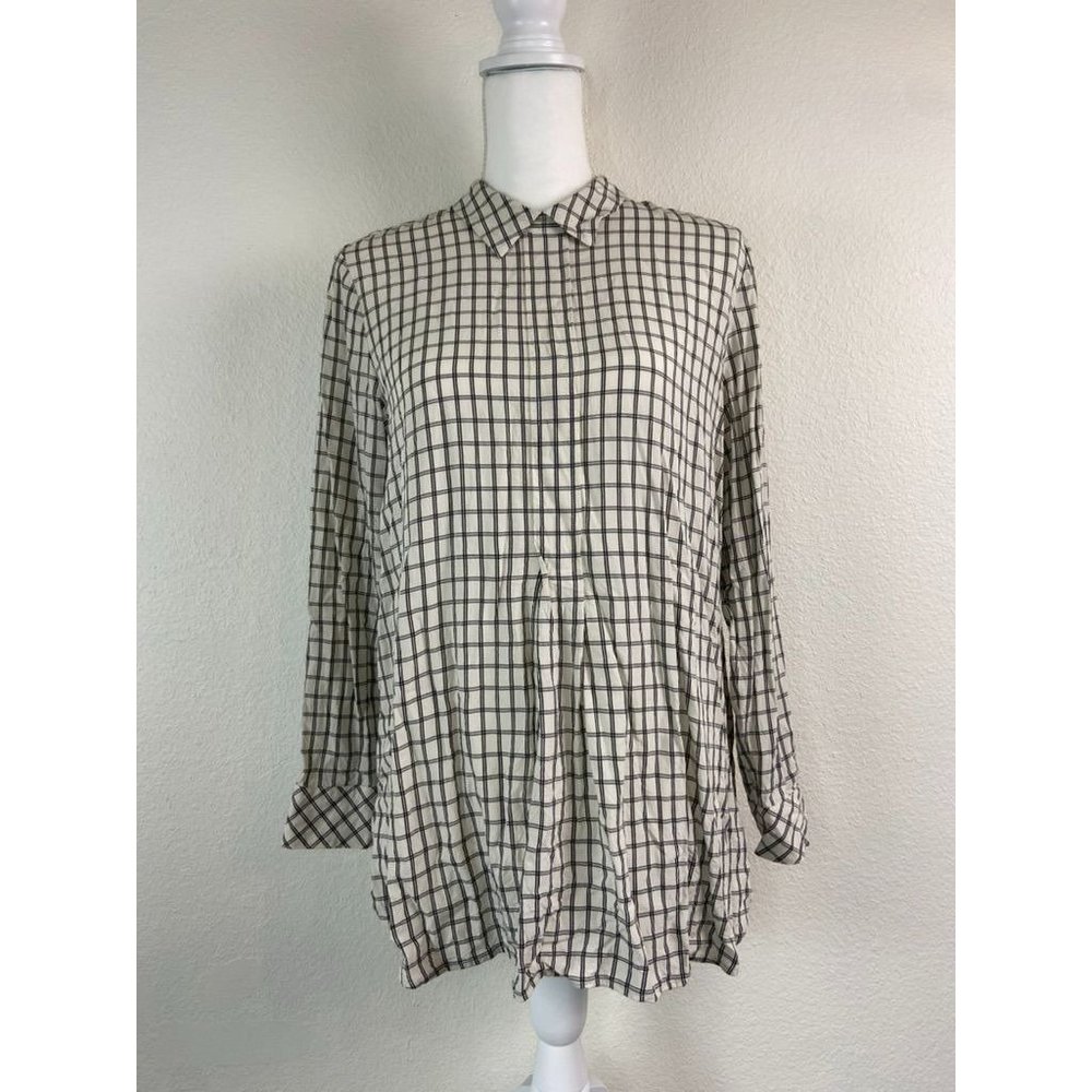 J.‎ Jill women's medium beige black plaid high neck long sleeve tunic blouse